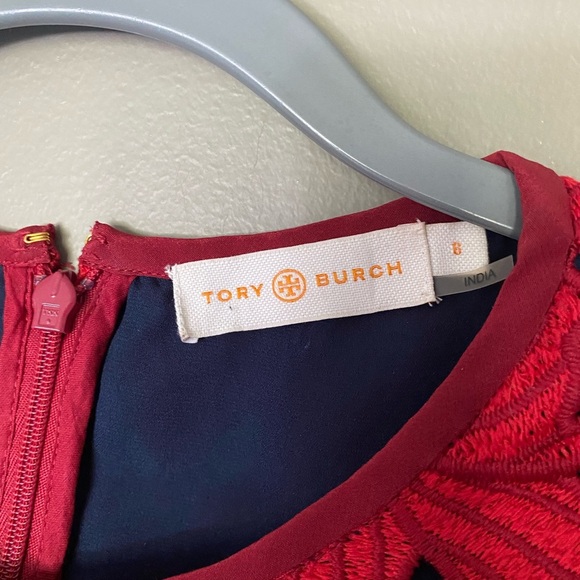 TORY BURCH •RARE• Nicola Guipure Lace Dress In Volcano Red & Navy Blue Size 6 - Picture 12 of 13